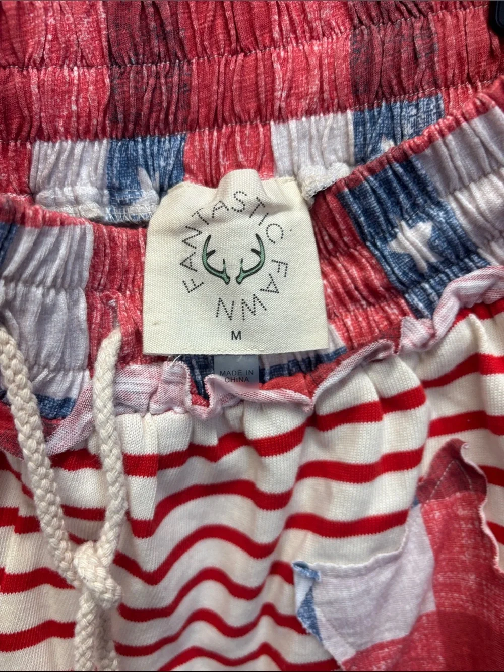 Fantastic Fawn Striped Red & Cream Star Patchwork Patriotic Shorts Medium